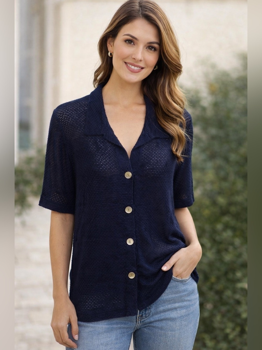 Nina Piccalino Navy Textured Top Sz L Button Front Open Weave Nylon Feel Modern